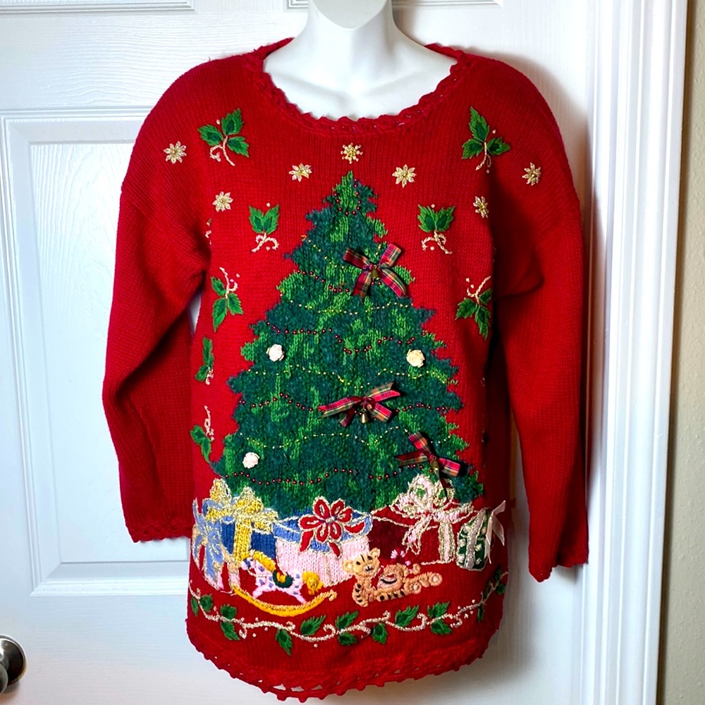 Christmas Tree Sweater Heirloom Collectible Vintage Size S Heavy Knit Embellish